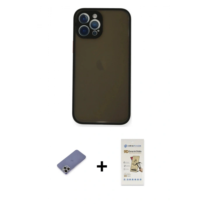MARSİLYAN™- iPhone 12 Pro Max Kılıf Ahenk Çizgi Serisi - Siyah Mat Seramik Nano Ekran Koruyucu + Metal Kamera Lens Koruma Cam - GD