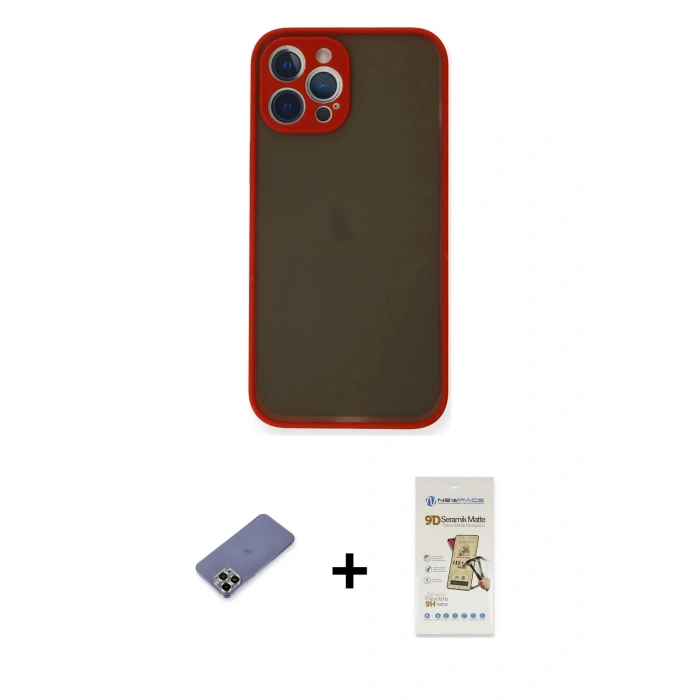 MARSİLYAN™- iPhone 12 Pro Max Kılıf Ahenk Çizgi Serisi - Siyah Mat Seramik Nano Ekran Koruyucu + Metal Kamera Lens Koruma Cam - GD