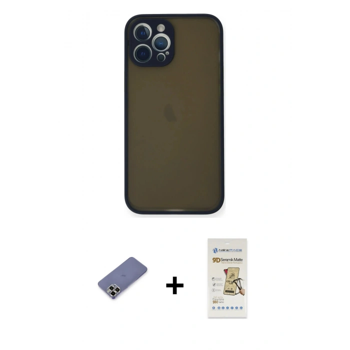 MARSİLYAN™- iPhone 12 Pro Max Kılıf Ahenk Çizgi Serisi - Siyah Mat Seramik Nano Ekran Koruyucu + Metal Kamera Lens Koruma Cam - GD