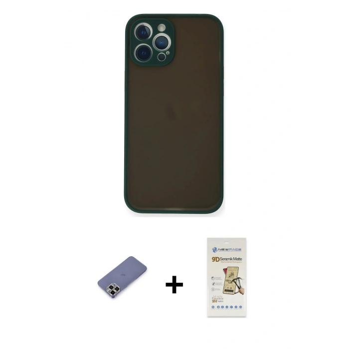 MARSİLYAN™- iPhone 12 Pro Max Kılıf Ahenk Çizgi Serisi - Siyah Mat Seramik Nano Ekran Koruyucu + Metal Kamera Lens Koruma Cam - GD