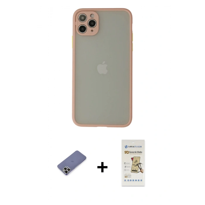 MARSİLYAN™- iPhone 12 Pro Max Kılıf Ahenk Çizgi Serisi - Siyah Mat Seramik Nano Ekran Koruyucu + Metal Kamera Lens Koruma Cam - GD