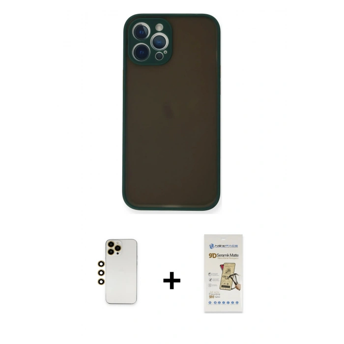 MARSİLYAN™- iPhone 12 Pro Max Kılıf Ahenk Çizgi Serisi - Siyah Mat Seramik Nano Ekran Koruyucu + Shine Kamera Lens - GD