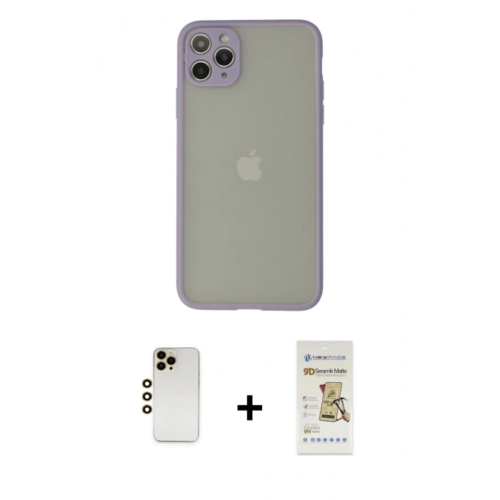 MARSİLYAN™- iPhone 12 Pro Max Kılıf Ahenk Çizgi Serisi - Siyah Mat Seramik Nano Ekran Koruyucu + Shine Kamera Lens - GD