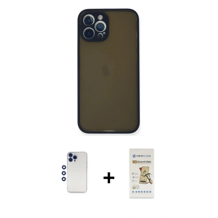 MARSİLYAN™- iPhone 12 Pro Max Kılıf Ahenk Çizgi Serisi - Siyah Mat Seramik Nano Ekran Koruyucu + Shine Kamera Lens - LT