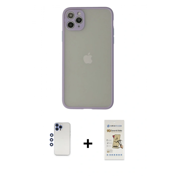 MARSİLYAN™- iPhone 12 Pro Max Kılıf Ahenk Çizgi Serisi - Siyah Mat Seramik Nano Ekran Koruyucu + Shine Kamera Lens - LT