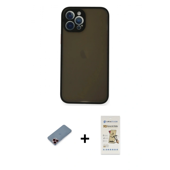 MARSİLYAN™- iPhone 12 Pro Max Kılıf Ahenk Çizgi Serisi - Siyah Mat Seramik Nano Ekran Koruyucu + Metal Kamera Lens Koruma Cam - KI