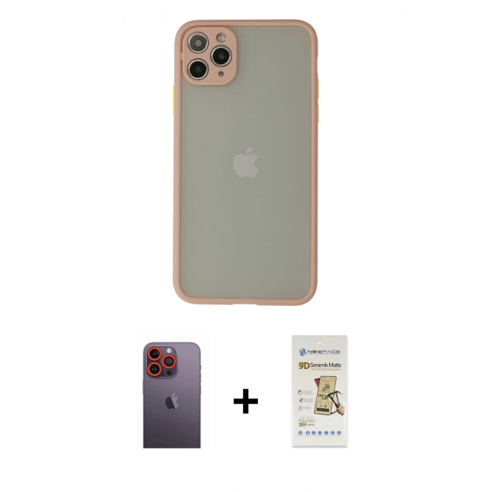 MARSİLYAN™- iPhone 12 Pro Max Kılıf Ahenk Çizgi Serisi - Siyah Mat Seramik Nano Ekran Koruyucu + Neon Fosforlu Kamera Lens - TU