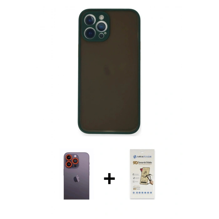 MARSİLYAN™- iPhone 12 Pro Max Kılıf Ahenk Çizgi Serisi - Siyah Mat Seramik Nano Ekran Koruyucu + Neon Fosforlu Kamera Lens - TU