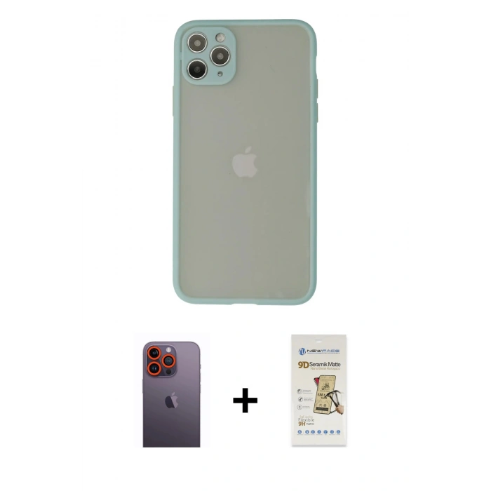 MARSİLYAN™- iPhone 12 Pro Max Kılıf Ahenk Çizgi Serisi - Siyah Mat Seramik Nano Ekran Koruyucu + Neon Fosforlu Kamera Lens - TU