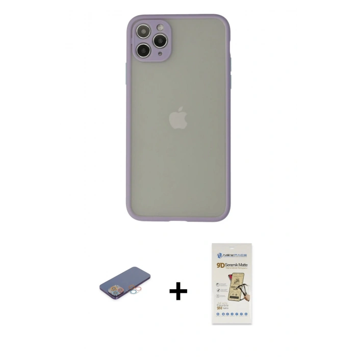 MARSİLYAN™- iPhone 12 Pro Max Kılıf Ahenk Çizgi Serisi - Siyah Mat Seramik Nano Ekran Koruyucu + Renkli Kamera Lens Koruma Cam - PE