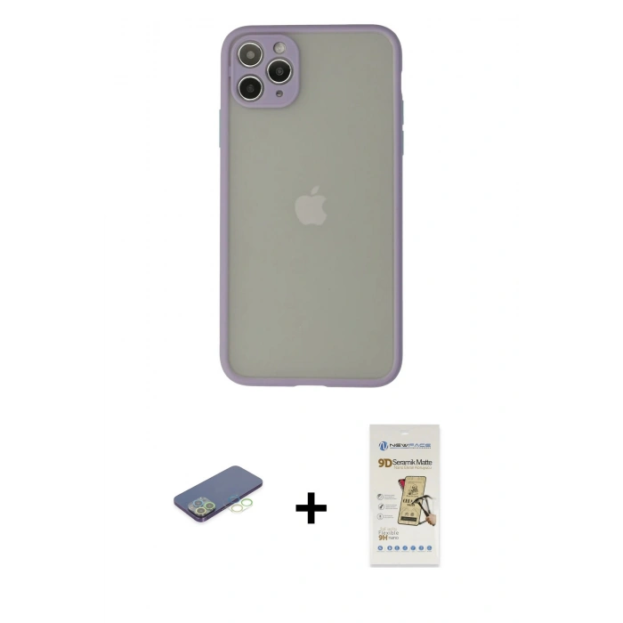 MARSİLYAN™- iPhone 12 Pro Max Kılıf Ahenk Çizgi Serisi - Siyah Mat Seramik Nano Ekran Koruyucu + Renkli Kamera Lens Koruma Cam - YL