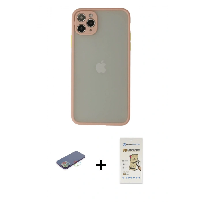 MARSİLYAN™- iPhone 12 Pro Max Kılıf Ahenk Çizgi Serisi - Siyah Mat Seramik Nano Ekran Koruyucu + Renkli Kamera Lens Koruma Cam - MI