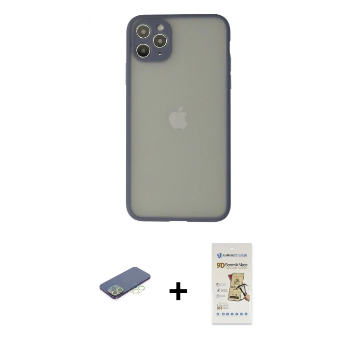 MARSİLYAN™- iPhone 12 Pro Max Kılıf Ahenk Çizgi Serisi - Siyah Mat Seramik Nano Ekran Koruyucu + Renkli Kamera Lens Koruma Cam - YL