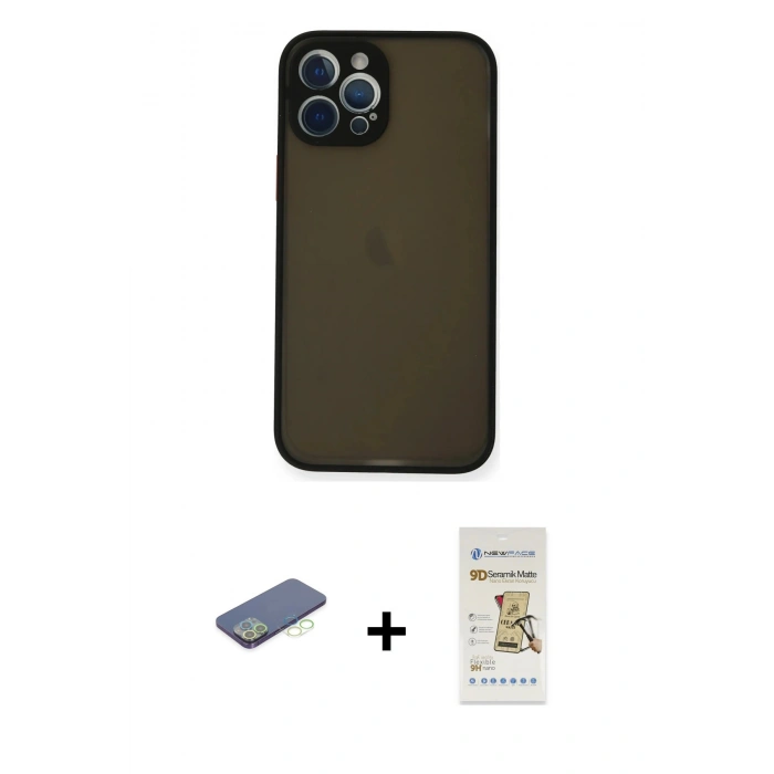MARSİLYAN™- iPhone 12 Pro Max Kılıf Ahenk Çizgi Serisi - Siyah Mat Seramik Nano Ekran Koruyucu + Renkli Kamera Lens Koruma Cam - YL