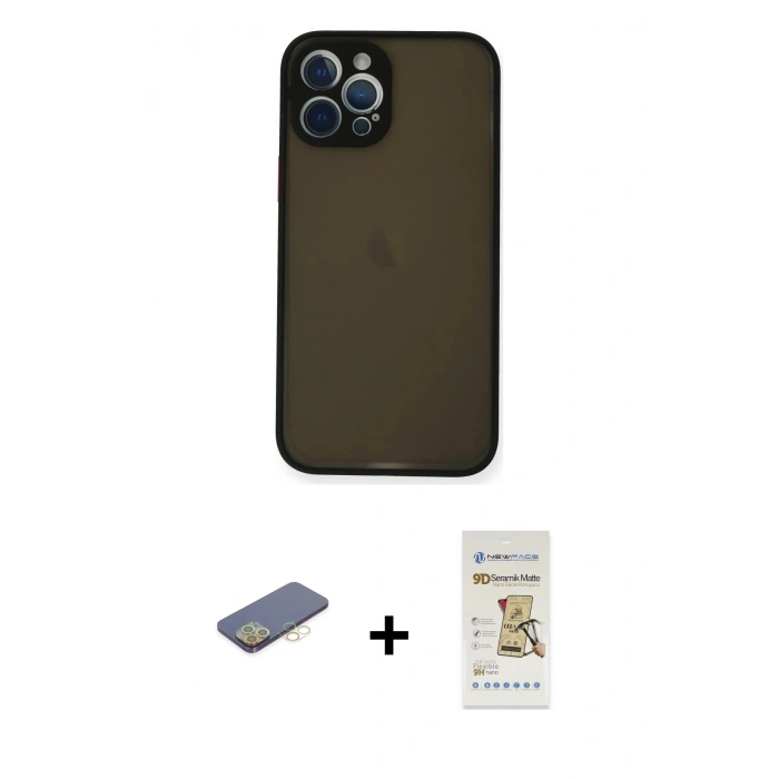 MARSİLYAN™- iPhone 12 Pro Max Kılıf Ahenk Çizgi Serisi - Siyah Mat Seramik Nano Ekran Koruyucu + Renkli Kamera Lens Koruma Cam - SI