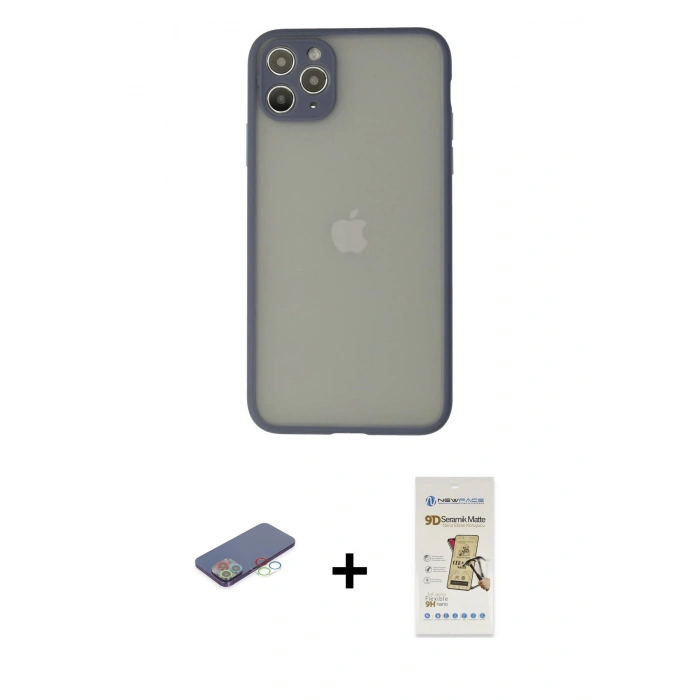MARSİLYAN™- iPhone 12 Pro Max Kılıf Ahenk Çizgi Serisi - Siyah Mat Seramik Nano Ekran Koruyucu + Renkli Kamera Lens Koruma Cam - MI