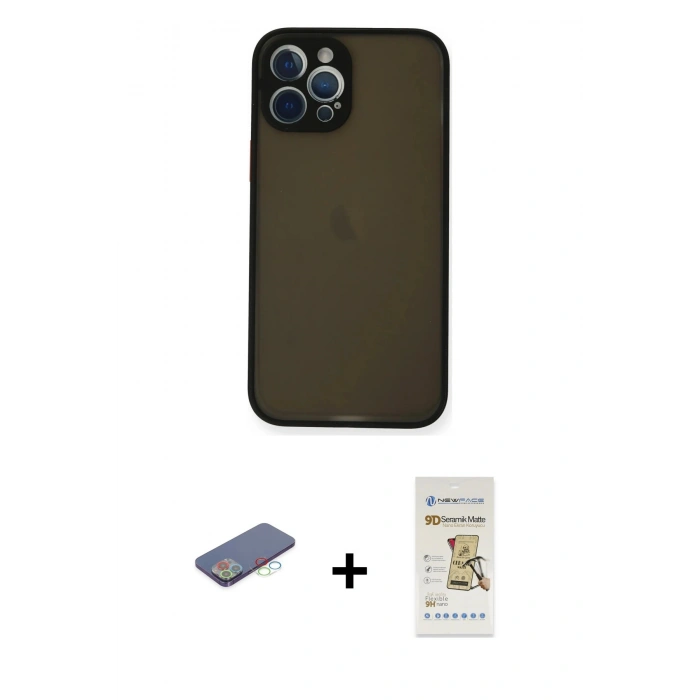 MARSİLYAN™- iPhone 12 Pro Max Kılıf Ahenk Çizgi Serisi - Siyah Mat Seramik Nano Ekran Koruyucu + Renkli Kamera Lens Koruma Cam - MI
