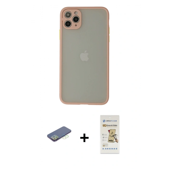 MARSİLYAN™- iPhone 12 Pro Max Kılıf Ahenk Çizgi Serisi - Siyah Mat Seramik Nano Ekran Koruyucu + Renkli Kamera Lens Koruma Cam - YL