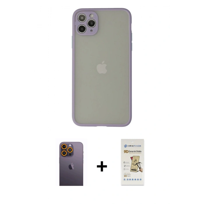 MARSİLYAN™- iPhone 12 Pro Max Kılıf Ahenk Çizgi Serisi - Siyah Mat Seramik Nano Ekran Koruyucu + Neon Fosforlu Kamera Lens - SI