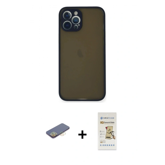 MARSİLYAN™- iPhone 12 Pro Max Kılıf Ahenk Çizgi Serisi - Siyah Mat Seramik Nano Ekran Koruyucu + Renkli Kamera Lens Koruma Cam - SI