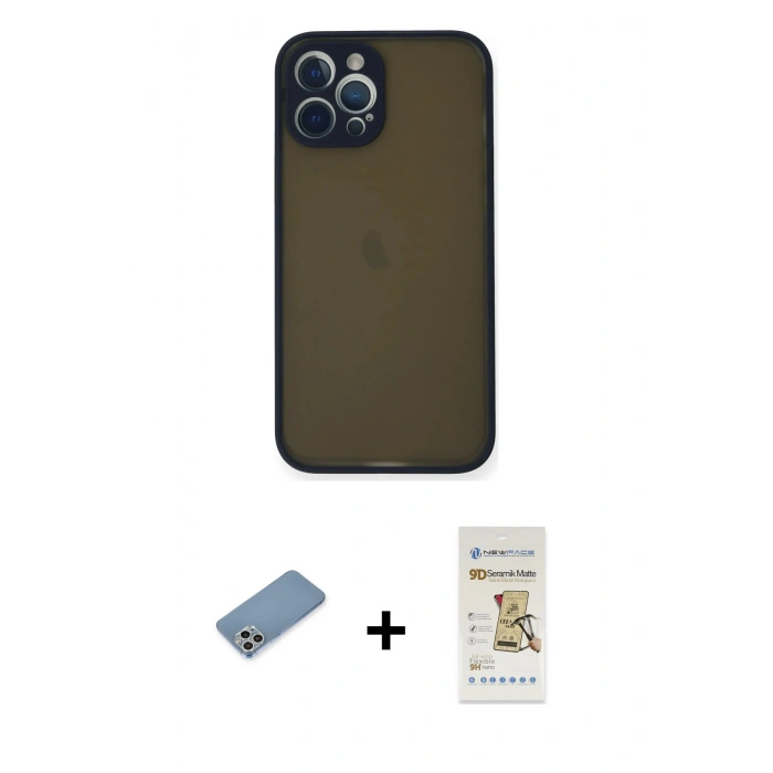 MARSİLYAN™- iPhone 12 Pro Max Kılıf Ahenk Çizgi Serisi - Siyah Mat Seramik Nano Ekran Koruyucu + Shine Kamera Lens Koruma Cam - GS