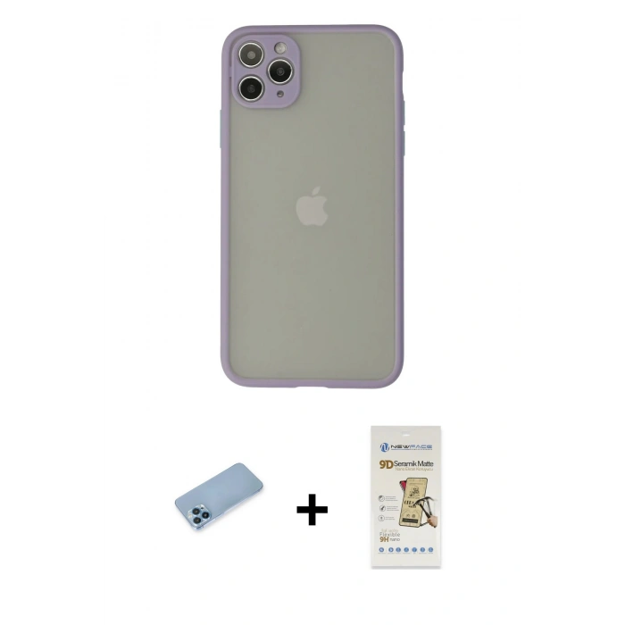 MARSİLYAN™- iPhone 12 Pro Max Kılıf Ahenk Çizgi Serisi - Siyah Mat Seramik Nano Ekran Koruyucu + Shine Kamera Lens Koruma Cam - MI