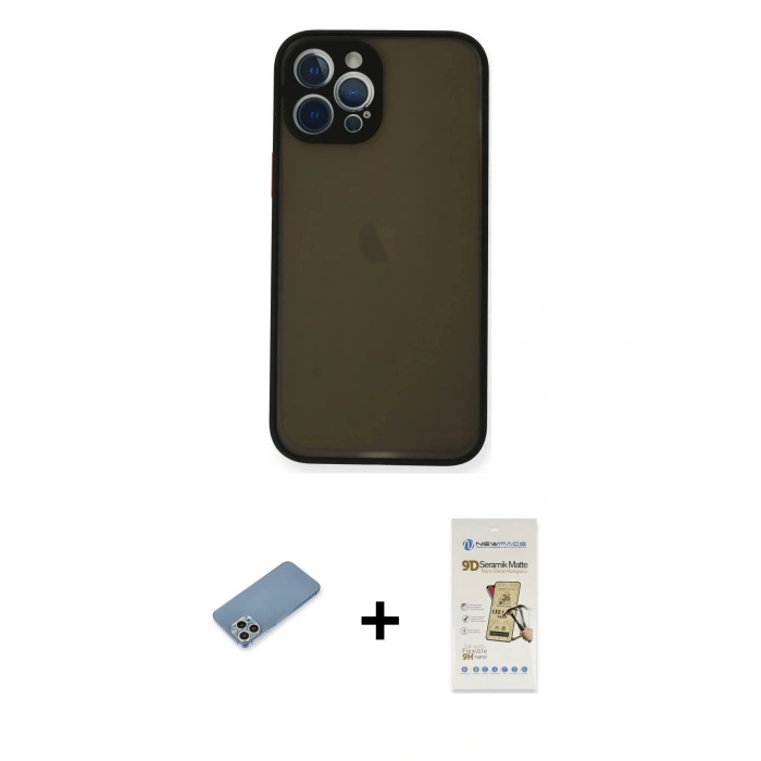 MARSİLYAN™- iPhone 12 Pro Max Kılıf Ahenk Çizgi Serisi - Siyah Mat Seramik Nano Ekran Koruyucu + Shine Kamera Lens Koruma Cam - GS