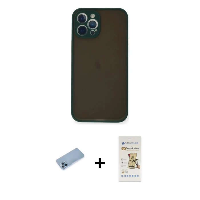 MARSİLYAN™- iPhone 12 Pro Max Kılıf Ahenk Çizgi Serisi - Siyah Mat Seramik Nano Ekran Koruyucu + Shine Kamera Lens Koruma Cam - MI