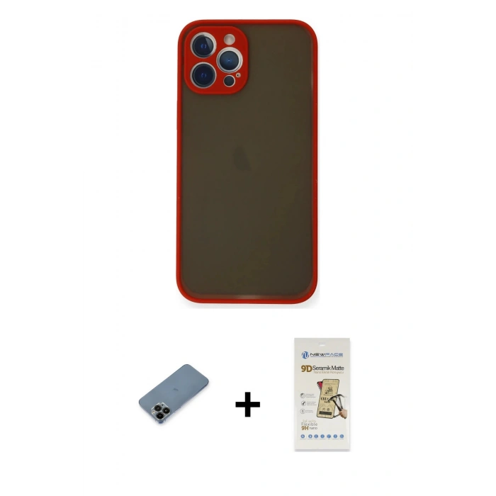 MARSİLYAN™- iPhone 12 Pro Max Kılıf Ahenk Çizgi Serisi - Siyah Mat Seramik Nano Ekran Koruyucu + Shine Kamera Lens Koruma Cam - SH