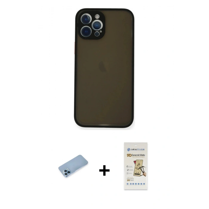 MARSİLYAN™- iPhone 12 Pro Max Kılıf Ahenk Çizgi Serisi - Siyah Mat Seramik Nano Ekran Koruyucu + Shine Kamera Lens Koruma Cam - MI