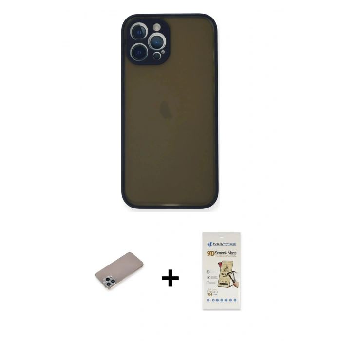 MARSİLYAN™- iPhone 12 Pro Max Kılıf Ahenk Çizgi Serisi - Siyah Mat Seramik Nano Ekran Koruyucu + Sierra Blue Shine Kamera Lens Koruma Cam