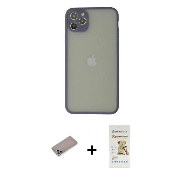 MARSİLYAN™- iPhone 12 Pro Max Kılıf Ahenk Çizgi Serisi - Siyah Mat Seramik Nano Ekran Koruyucu + Sierra Blue Shine Kamera Lens Koruma Cam