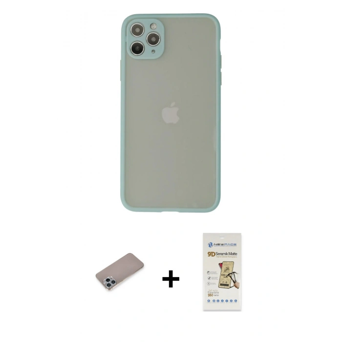 MARSİLYAN™- iPhone 12 Pro Max Kılıf Ahenk Çizgi Serisi - Siyah Mat Seramik Nano Ekran Koruyucu + Sierra Blue Shine Kamera Lens Koruma Cam