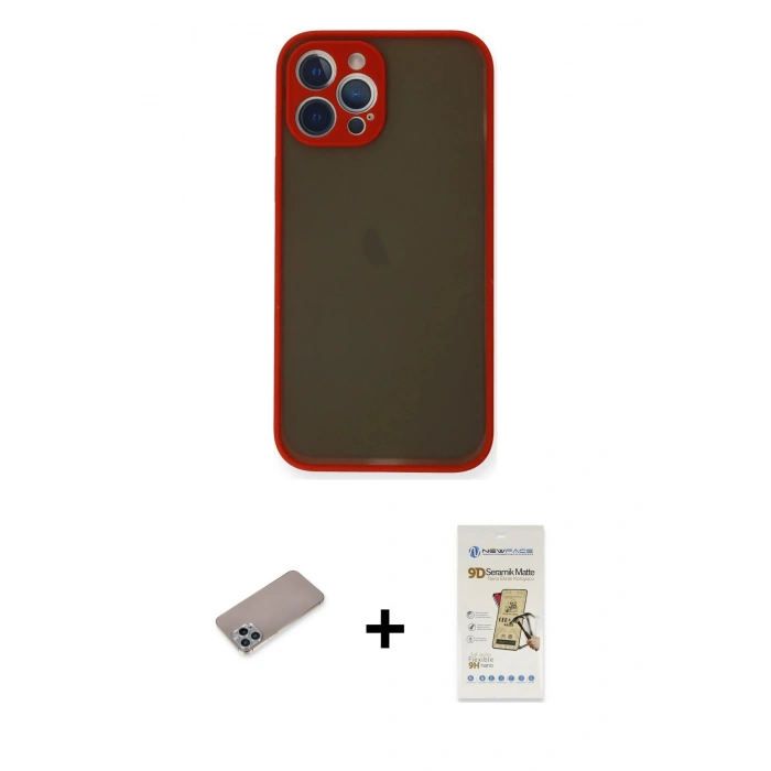 MARSİLYAN™- iPhone 12 Pro Max Kılıf Ahenk Çizgi Serisi - Siyah Mat Seramik Nano Ekran Koruyucu + Sierra Blue Shine Kamera Lens Koruma Cam