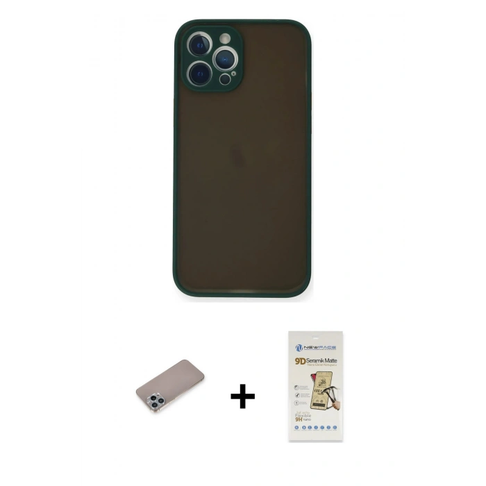 MARSİLYAN™- iPhone 12 Pro Max Kılıf Ahenk Çizgi Serisi - Siyah Mat Seramik Nano Ekran Koruyucu + Sierra Blue Shine Kamera Lens Koruma Cam