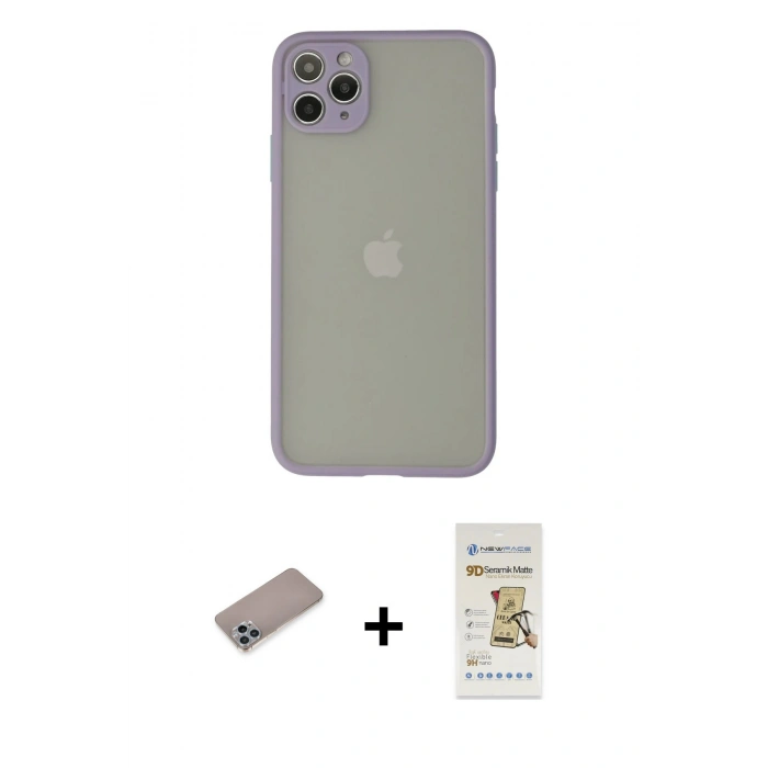 MARSİLYAN™- iPhone 12 Pro Max Kılıf Ahenk Çizgi Serisi - Siyah Mat Seramik Nano Ekran Koruyucu + Sierra Blue Shine Kamera Lens Koruma Cam