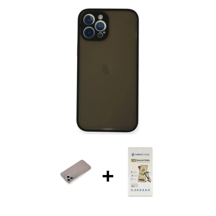 MARSİLYAN™- iPhone 12 Pro Max Kılıf Ahenk Çizgi Serisi - Siyah Mat Seramik Nano Ekran Koruyucu + Sierra Blue Shine Kamera Lens Koruma Cam
