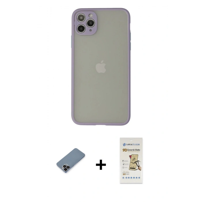 MARSİLYAN™- iPhone 12 Pro Max Kılıf Ahenk Çizgi Serisi - Siyah Mat Seramik Nano Ekran Koruyucu + Siyah Metal Kamera Lens Koruma Cam