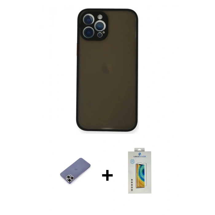 MARSİLYAN™- iPhone 12 Pro Max Kılıf Ahenk Çizgi Serisi - Siyah Polymer Nano Ekran Koruyucu + Metal Kamera Lens Koruma Cam - GD