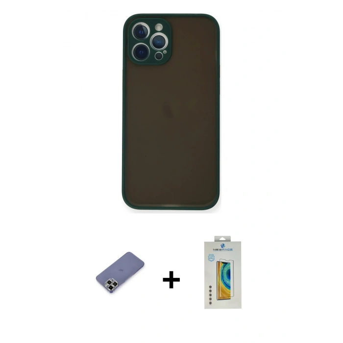 MARSİLYAN™- iPhone 12 Pro Max Kılıf Ahenk Çizgi Serisi - Siyah Polymer Nano Ekran Koruyucu + Metal Kamera Lens Koruma Cam - GD