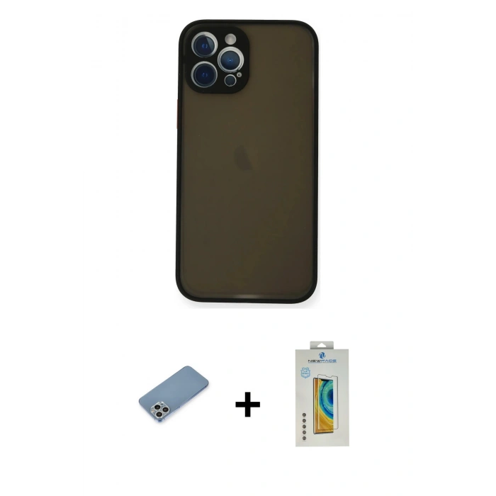 MARSİLYAN™- iPhone 12 Pro Max Kılıf Ahenk Çizgi Serisi - Siyah Polymer Nano Ekran Koruyucu + Shine Kamera Lens Koruma Cam - GS
