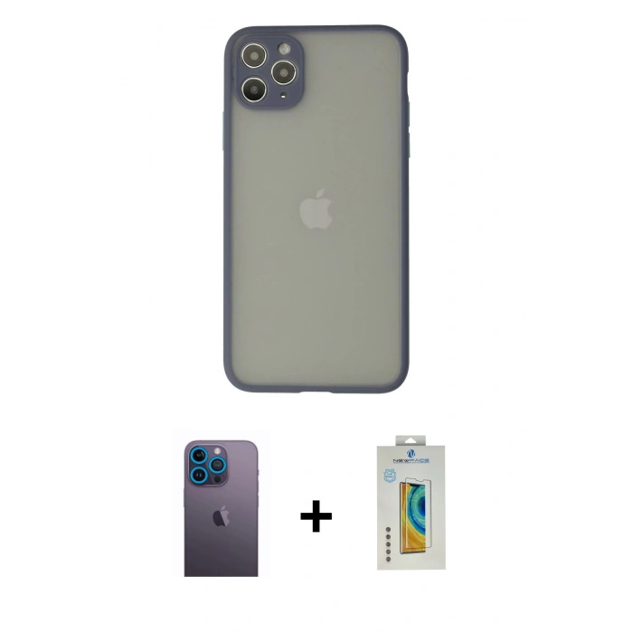 MARSİLYAN™- iPhone 12 Pro Max Kılıf Ahenk Çizgi Serisi - Siyah Polymer Nano Ekran Koruyucu + Mavi Neon Fosforlu Kamera Lens