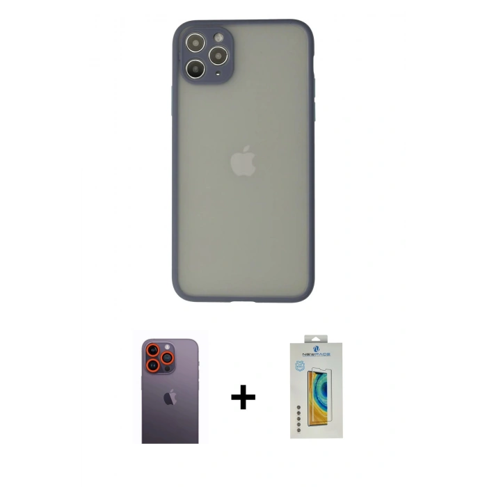 MARSİLYAN™- iPhone 12 Pro Max Kılıf Ahenk Çizgi Serisi - Siyah Polymer Nano Ekran Koruyucu + Neon Fosforlu Kamera Lens - TU