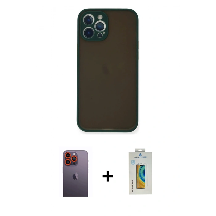 MARSİLYAN™- iPhone 12 Pro Max Kılıf Ahenk Çizgi Serisi - Siyah Polymer Nano Ekran Koruyucu + Neon Fosforlu Kamera Lens - TU