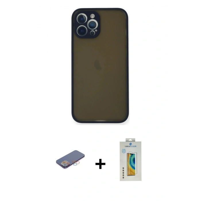 MARSİLYAN™- iPhone 12 Pro Max Kılıf Ahenk Çizgi Serisi - Siyah Polymer Nano Ekran Koruyucu + Renkli Kamera Lens Koruma Cam - PE