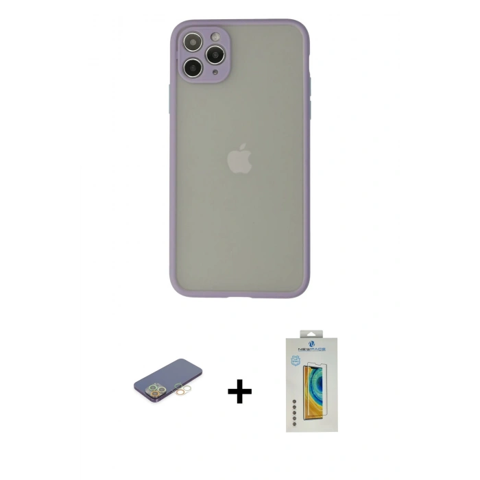MARSİLYAN™- iPhone 12 Pro Max Kılıf Ahenk Çizgi Serisi - Siyah Polymer Nano Ekran Koruyucu + Renkli Kamera Lens Koruma Cam - SI
