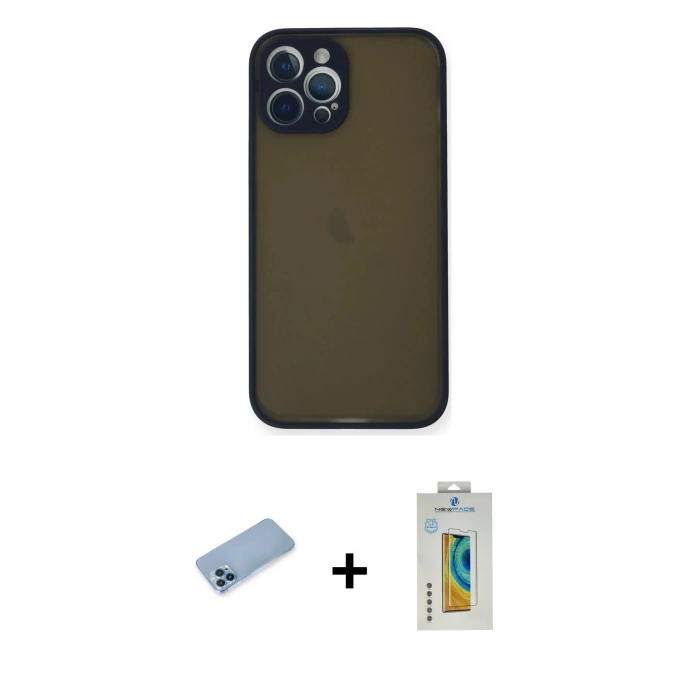 MARSİLYAN™- iPhone 12 Pro Max Kılıf Ahenk Çizgi Serisi - Siyah Polymer Nano Ekran Koruyucu + Shine Kamera Lens Koruma Cam - MI