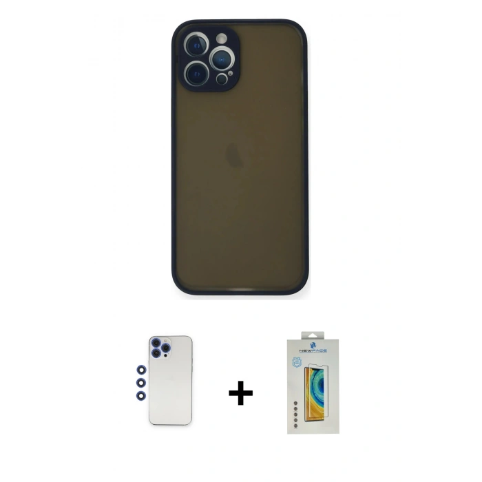 MARSİLYAN™- iPhone 12 Pro Max Kılıf Ahenk Çizgi Serisi - Siyah Polymer Nano Ekran Koruyucu + Shine Kamera Lens - LT