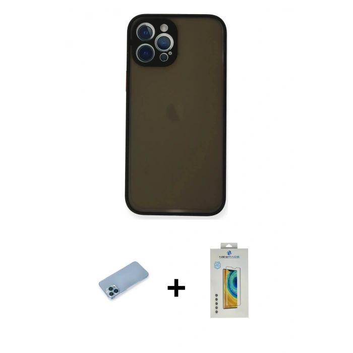 MARSİLYAN™- iPhone 12 Pro Max Kılıf Ahenk Çizgi Serisi - Siyah Polymer Nano Ekran Koruyucu + Shine Kamera Lens Koruma Cam - MI