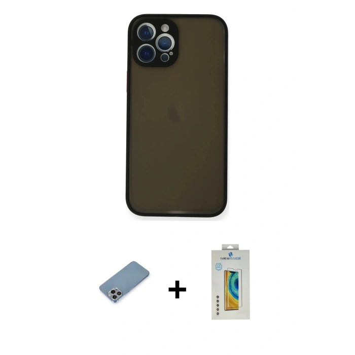MARSİLYAN™- iPhone 12 Pro Max Kılıf Ahenk Çizgi Serisi - Siyah Polymer Nano Ekran Koruyucu + Shine Kamera Lens Koruma Cam - GI